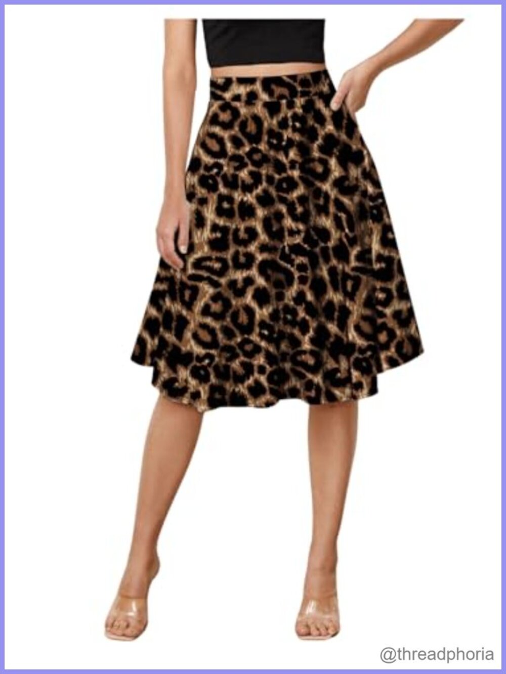 High Waist Leopard Print A Line Midi Skirt Polyester Slight Stretch Summer